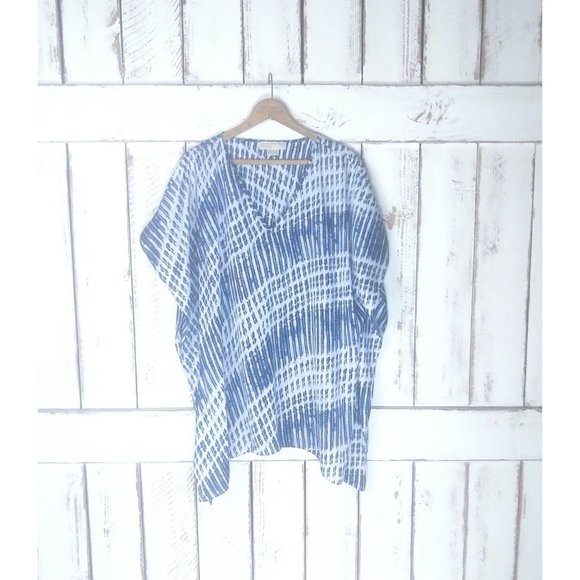 90s blue white tie dye striped boho kaftan cover up top - Picture 1 of 5